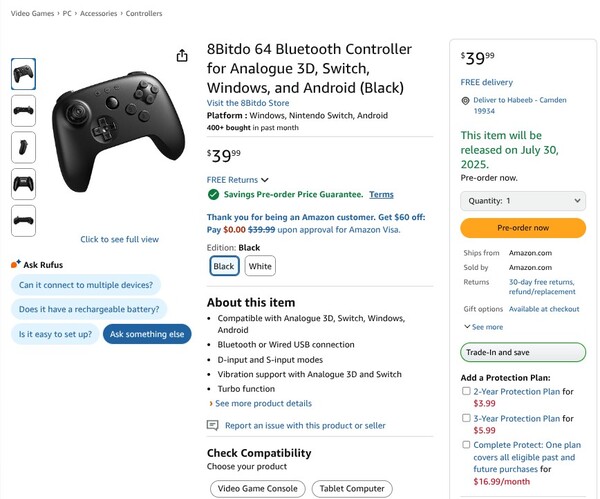 O 8BitDo 64 Controller agora tem data de lançamento prevista para julho. (Fonte da imagem: Amazon)