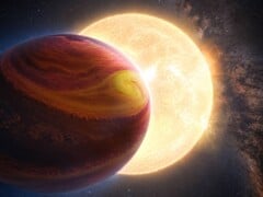 Ilustração artística editada mostrando uma estrela e um planeta.