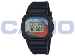 O Casio G-Shock DW-5600KHG24-1JR (na foto) exibe impressões em estilo ukiyo-e das obras de arte do período Edo de Hokusai. (Fonte da imagem: Casio - Editado)
