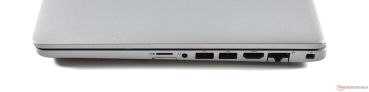 Direita: microSD, slot SIM, 2x USB-A 3.0, HDMI, RJ45 Ethernet, Noble lock