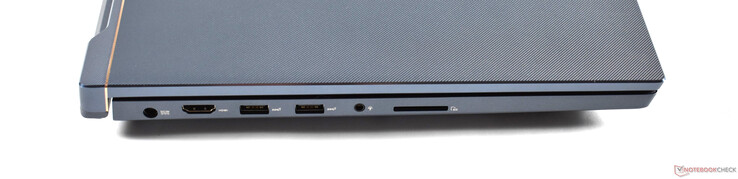 Esquerda: conector de carregamento, HDMI, 2x USB A 3.0, áudio de 3,5 mm, leitor de cartão SD