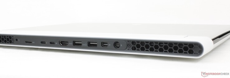 Traseira: Fone de ouvido de 3,5 mm, 1x USB-C com Thunderbolt 4 + USB4 + PD + DisplayPort 1.4, 1x USB-C 3.2 Gen. 2 com PD + DisplayPort 1.4, HDMI 2.1, 2x USB-A 3.2 Gen. 1, Mini DisplayPort 1.4, adaptador CA