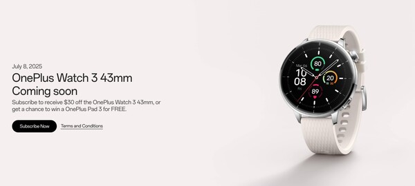 O OnePlus Watch 3 43mm será lançado em 8 de julho em vários mercados. (Fonte da imagem: OnePlus)