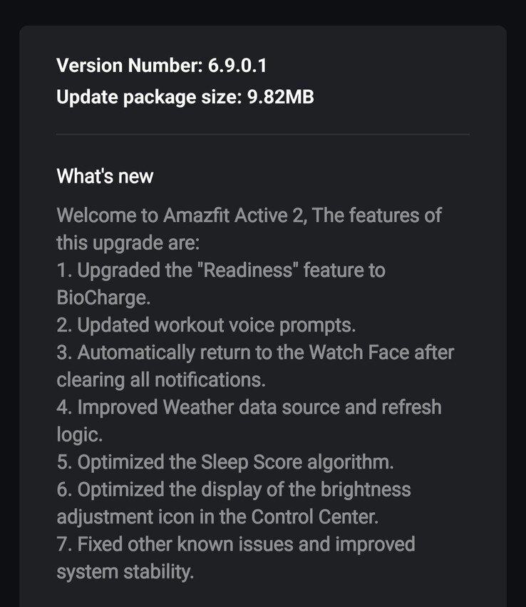 As notas de lançamento da versão 6.9.0.1 do software para os smartwatches Amazfit Active 2. (Fonte da imagem: fórum 4PDA)