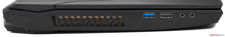 lefr side: fan vents, USB 3.1 Gen 2, USB 2.0, audio-in (microphone), audio-out (headphones)