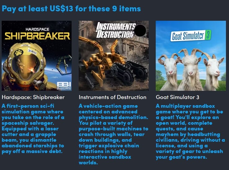 Pôsteres e descrições dos jogos. Pagando US$ 13, o senhor recebe todos os 9 jogos (Fonte da imagem: Humble Bundle)