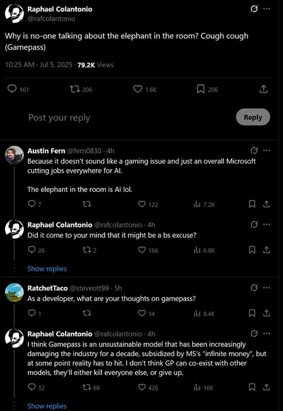 Raphael Colantonio comentando sobre o impacto do Xbox Game Pass na perda de empregos da Microsoft (Fonte da imagem: captura de tela, conta Raphael Colantonio X)