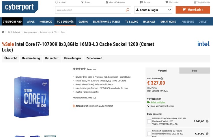 Neste momento o Intel Core i7-10700K custa menos que o Ryzen 5 5600X no cyberport.de