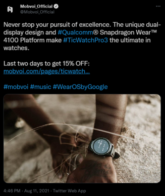 Também se informou que o TicWatch Pro 3 tem o Wear 4100 em agosto. (Fonte da imagem: Twitter)