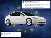 Tesla com a bandeira da UE e comentários do X ao fundo