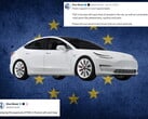 Tesla com a bandeira da UE e comentários do X ao fundo