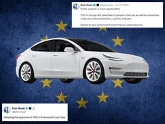 Tesla com a bandeira da UE e comentários do X ao fundo