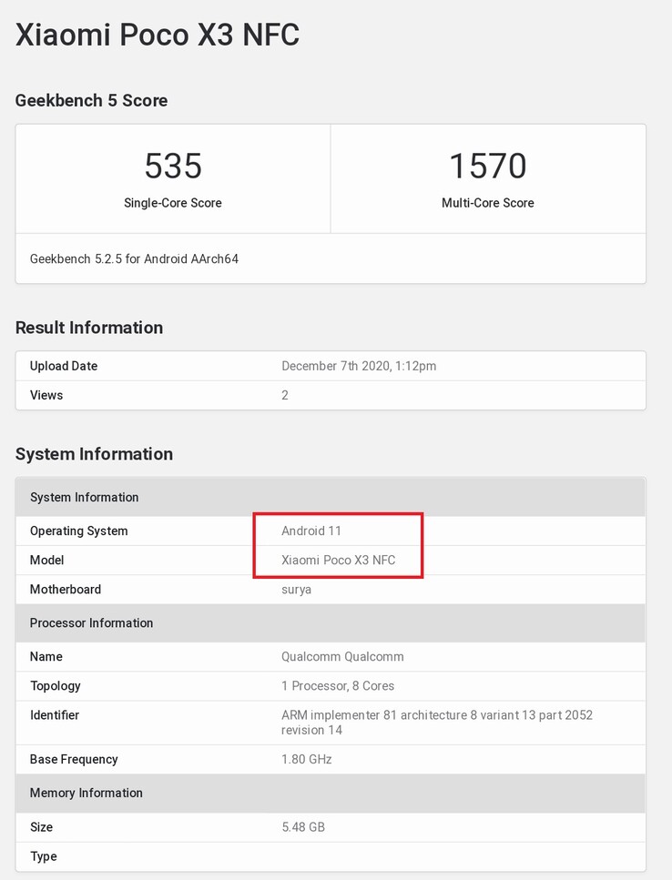 POCO X3 NFC com Android 11. (Fonte da imagem: Geekbench via @yabhishekhd)