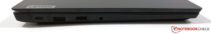 Lado esquerdo: USB-C 3.2 Gen.1 (DisplayPort-ALT-Mode 1.2, Power Delivery 3.0), USB-A 3.2 Gen.1 (Powered), HDMI 1.4b, conector estéreo de 3.5 mm
