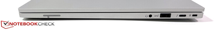 Lado direito: 3,5 mm Stereo, USB-A (3.2 Gen.2), USB-C (Thunderbolt 4, DisplayPort Alt 1.4, carregando), Kensington NanoSaver