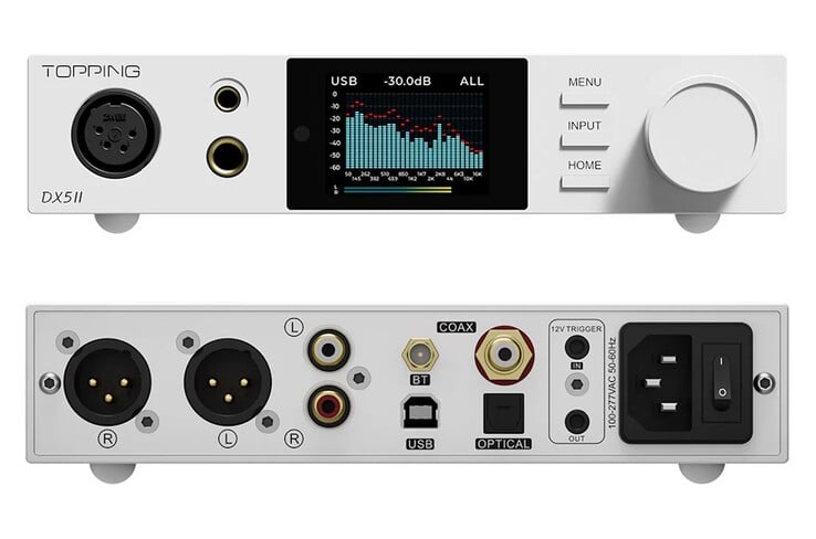 O Topping DX5 II DAC possui conectores de fone de ouvido de 3,5 mm, 4,4 mm, 6,4 mm e XLR, conectores de alto-falante RCA e portas de entrada SPDIF e USB. (Fonte da imagem: Topping)