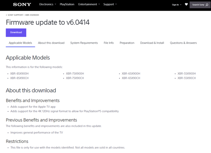 Firmware v6.0414 claims to fix 4K/120 Hz issues. (Image source: Sony)