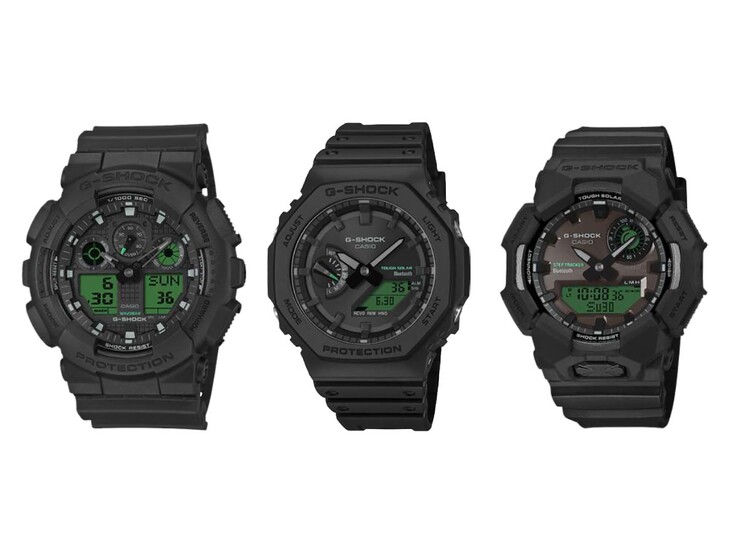 Da esquerda para a direita: os relógios Casio G-Shock GA-100BEG-1A, GA-B2100BEG-1A e GA-B010BEG-1A