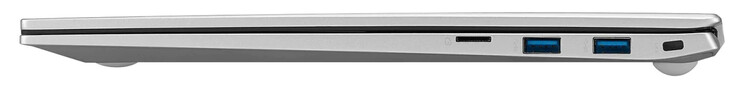 Lado direito: Leitor de cartão de memória (microSD), 2x USB 3.2 Gen 1 (Tipo A), slot com trava de cabo