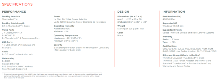 Lenovo ThinkPad Thunderbolt 4 Workstation Dock especificações (imagem via Lenovo)