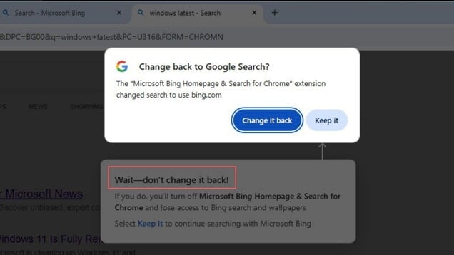 O Chrome sugere voltar à Pesquisa do Google, enquanto a extensão da Microsoft incentiva os usuários a continuarem usando o Bing.