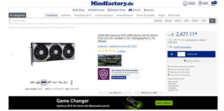 O preço atual da MSI RTX 5090 Ventus 3X OC (Fonte da imagem: Mindfactory)