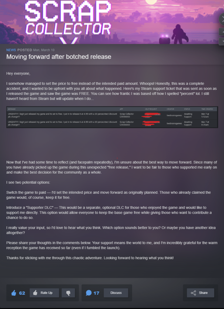 A declaração do desenvolvedor, publicada em 10 de março (Fonte da imagem: Comunidade Steam)