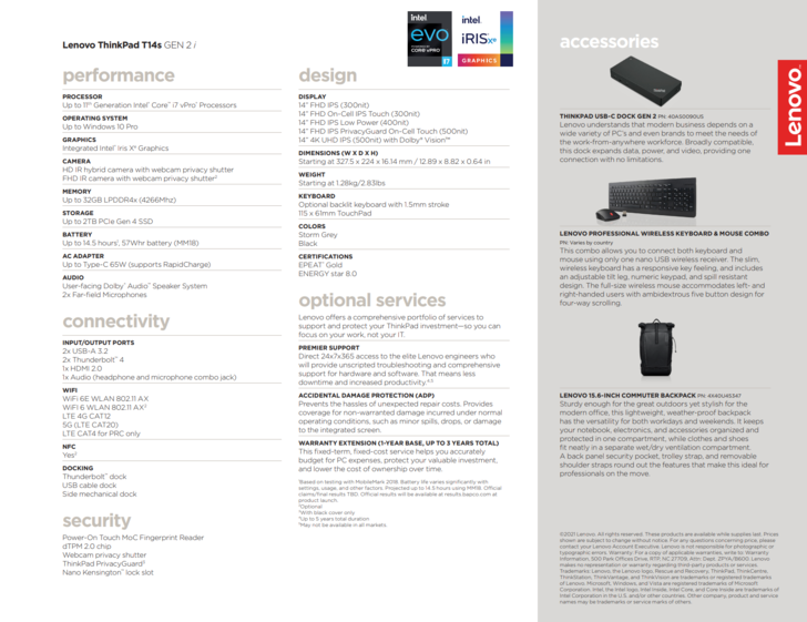 especificações Lenovo ThinkPad T14s G2 Intel
