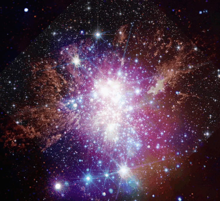 A imagem de Westerlund 1 capturada pelo JWST, Hubble e Chandra (Fonte da imagem: várias - ver fontes)