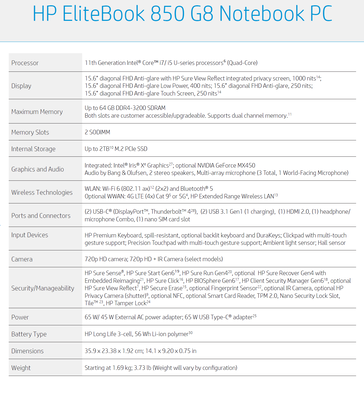 HP EliteBook 850 G8 - Especificações. (Fonte de imagem: HP)