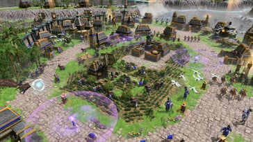 Uma imagem mostrando um vilarejo em Age of Mythology: Retold.