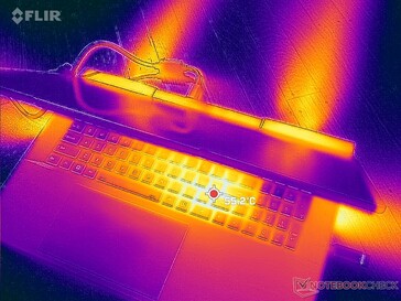 Quatro conjuntos de saídas de ar. Uma parte significativa da placa inferior e da metade traseira do chassi é dedicada ao resfriamento, enquanto alternativas como o Razer Blade 17 podem ter muito menos grades de fluxo de ar