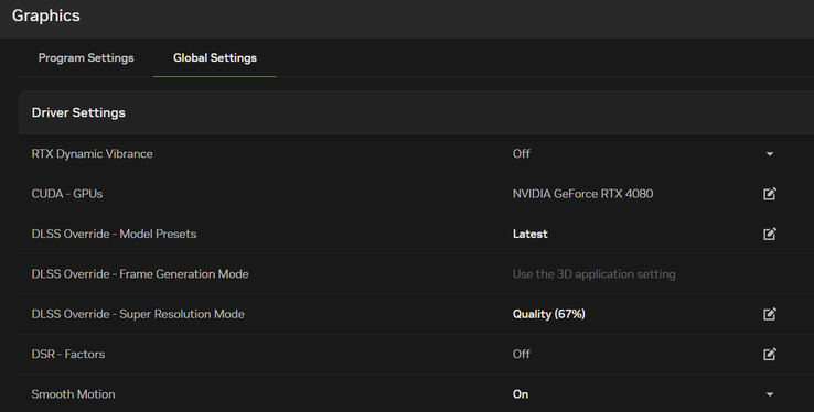 Configuração possível para as configurações globais de DLSS e Smooth Motion (aplicativo Nvidia pessoal do editor)