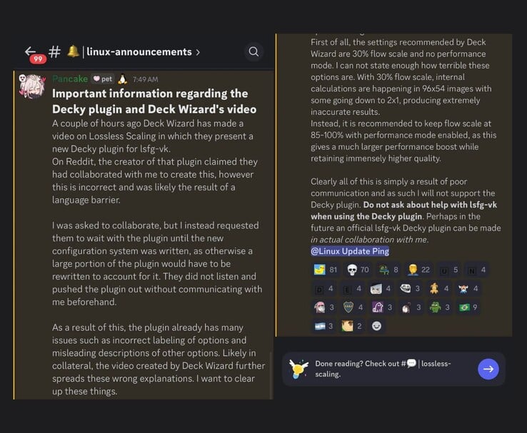 Um anúncio no Discord feito pelo PancakeTAS esclarecendo que eles não estavam envolvidos na criação do plug-in Decky para LSFG-VK, criticando as configurações padrão usadas no plug-in e afirmando que não fornecerão suporte para ele. (Fonte da imagem: Discord/@PancakeTAS)