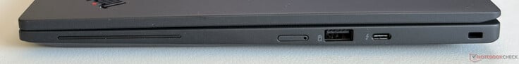 Lado direito: slot para cartão Nano-SIM, USB-A 3.2 Gen.2 (5 Gbps, com alimentação), USB-C 4.0 com Thunderbolt 4 (40 Gbps, DisplayPort 2.1, Power Delivery), slot de segurança Kensington Nano