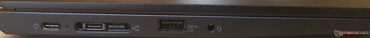 Esquerda: 2x Porta USB-C 3.2 Gen2/docking (10 GBit/s), USB-A 3.2 Gen1 (5 GBit/s), porta de áudio combinada