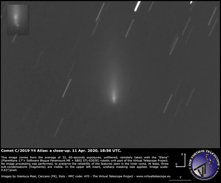 Uma imagem do cometa C/2019 Y4 (ATLAS) obtida pelo The Virtual Telescope Project.