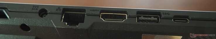 Lado esquerdo: Alimentação, RJ45-LAN, HDMI 2.1, USB-A 3.2 Gen1, USB-C 3.2 Gen1 (incluindo DP 1.4 e PD 3.0)