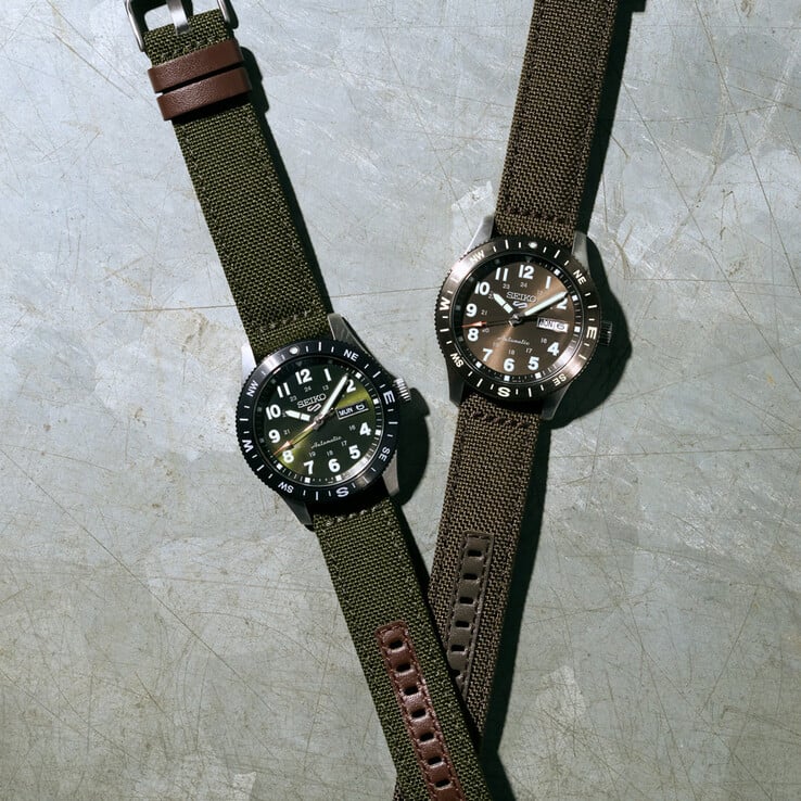 Os modelos HDB008 e HDB009 da Seiko, equipados com pulseira de náilon, seguem um estilo robusto para ambientes externos, com tons terrosos e molduras de bússola.