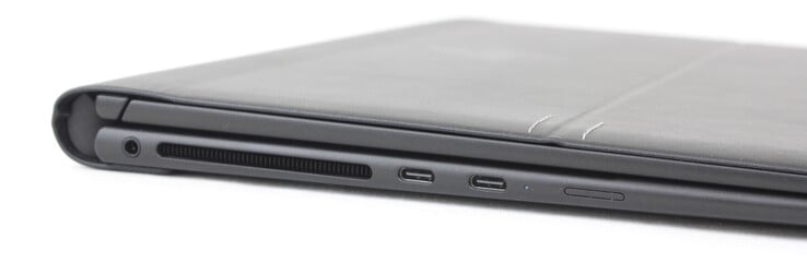 Esquerda: Fone de ouvido 3,5 mm, 2x USB-C 4.0 c/ Thunderbolt 4, DisplayPort, e Alimentação, slot Nano-SIM