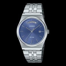 Relógio Casio MTP-B146D-2AV em aço inoxidável, com mostrador azul claro com efeito sunburst, pulseira prateada, indicador do dia às 12 horas e janela de data às 3 horas.