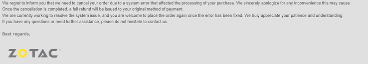 E-mail enviado aos clientes pela ZOTAC. (Fonte da imagem: Reddit) 