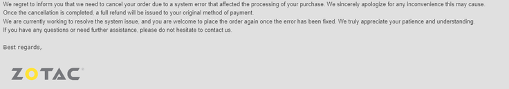 E-mail enviado aos clientes pela ZOTAC. (Fonte da imagem: Reddit) 