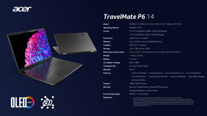 Acer TravelMate P6 14: Especificações. (Fonte da imagem: Acer)