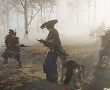 Atsu, a samurai feminina, está pronta em uma floresta enevoada com seu companheiro lobo, cercada por guerreiros inimigos. (Fonte da imagem: Sucker Punch Productions)