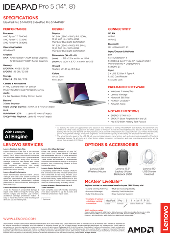 Lenovo IdeaPad Pro 5 14 - Especificações. (Fonte: Lenovo)