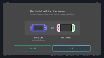 Etapa 2 da vinculação dos consoles Nintendo Switch para compartilhamento do Virtual Game Card: Esta tela, intitulada "About to link with the other system...", instrui o usuário a aproximar os consoles Nintendo Switch um do outro antes de pressionar o botão "Link".