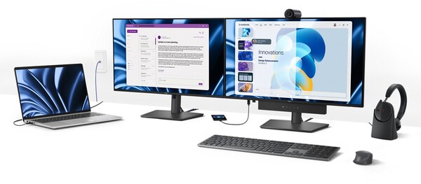 Dois monitores Dell Pro P 27 USB-C Hub lado a lado, um dos quais com webcam e barra de som acoplada.