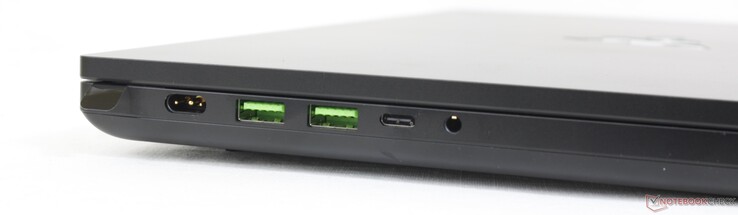 Esquerda: adaptador AC, 2x USB-A 3.2 Gen. 2, USB-C 3.2 Gen. 2 c/ DisplayPort + Fornecimento de energia, fone de ouvido 3.5 mm