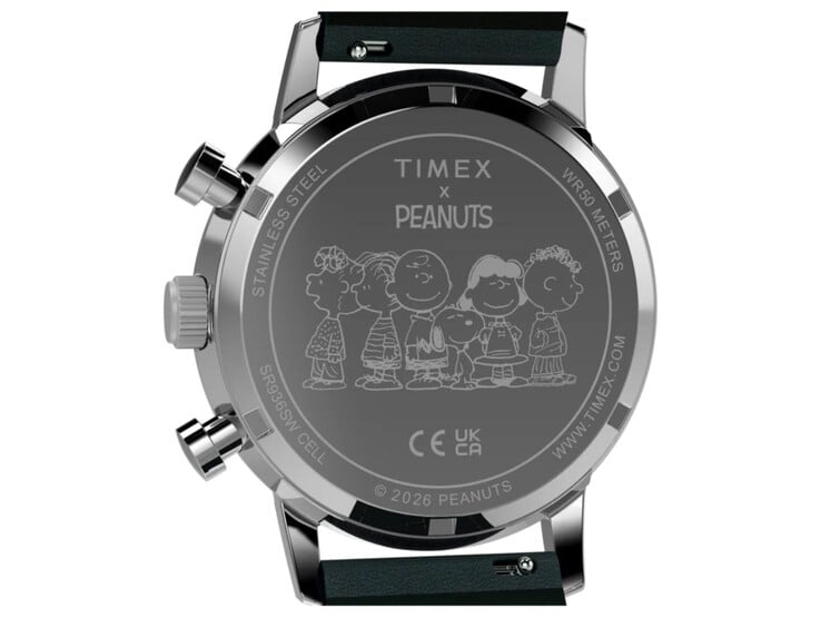 Vista traseira do cronógrafo Timex Peanuts x Marlin, mostrando o fundo da caixa gravado com o tema Peanuts